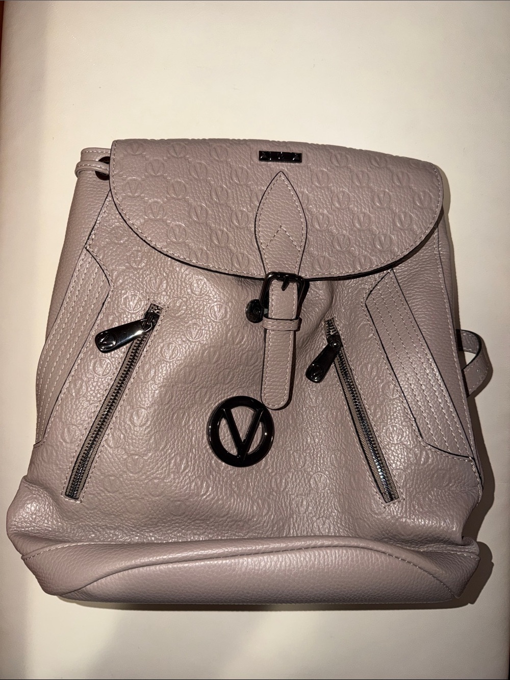 Valentino Taupe Embossed Leather Backpack with Black Hardware